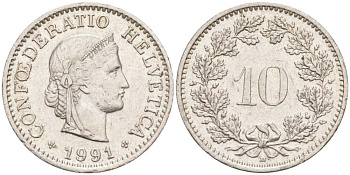 ШВЕЙЦАРИЯ 10 РАППЕНОВ 1991 В KM 27 медно-никель 55-534