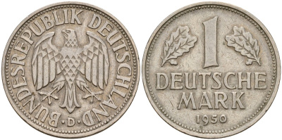 ФРГ 1 марка 1950 D KM 110, J. 385 медно-никель 4159-1024