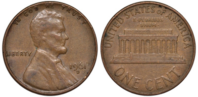 США 1 цент 1961 D, Авраам Линкольн KM 201 медь цинк 4547-1136