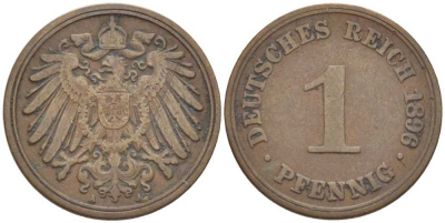 ГЕРМАНИЯ 1 ПФЕННИГ 1896 A KM 10, J. 10, Weege 2 медь 211-215