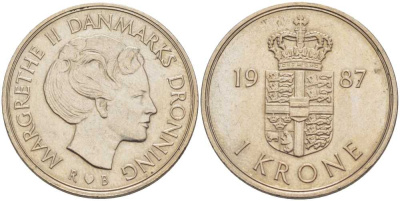 ДАНИЯ 1 КРОНА 1987 R;B, МАРГРЕТЕ II (1972-) KM 862.3 медно-никель 202-833