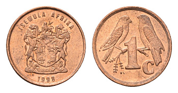 ЮАР 1 цент 1998 герб, капские воробьи KM 170 сталь плакированная медью UNC 4694-227