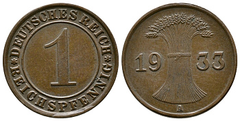 ГЕРМАНИЯ 1 РЕЙХСПФЕННИГ 1933 A KM 37, J. 313 бронза 4380-1229