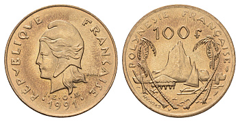Французская Полинезия 100 франков 1991 KM 14 никель латунь UNC 4672-912