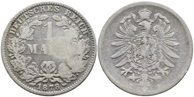 Германия 1 марка 1878 F Weege 17, J. 9, KM 7 серебро 176-212