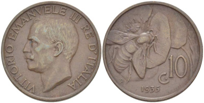 ИТАЛИЯ 10 ЧЕНТЕЗИМО 1935 R, МОНДВОР РИМ, ВИКТОР ЭММАНУИЛ III (1900-1946) KM 60 медь 4525-326