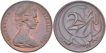 АВСТРАЛИЯ 2 ЦЕНТА 1974 ЕЛИЗАВЕТА II (1953-), ЕЛИЗАВЕТА II, МОЛОДОЙ ПОРТРЕТ, ПЛАЩЕНОСНАЯ ЯЩЕРИЦА (FRILLED LIZARD) KM 63 бронза 4519-443