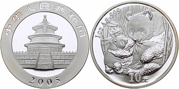 Китай 10 юаней 2005 Панда с детенышем KM 1589 серебро PROOF 1077-10-51