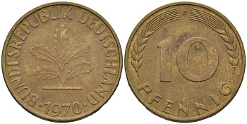 ФРГ 10 ПФЕННИГОВ 1970 F KM 103, J. 378 сталь плакированная латунью 4529-732