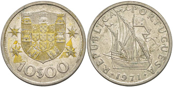 Португалия 10 эскудо 1971 парусник KM 600 никель плакированный медно-никелем 00-00