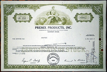 США, PREMIX PRODUCTS, INC. 50 акций 1970 бумага 8802-73-1