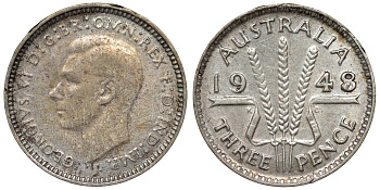 Австралия 3 пенса 1948 m, Георг VI (1937-1952), без букв, KM 37a серебро 71-146