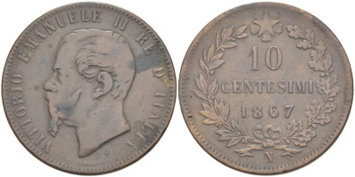 Италия 10 чентезимо 1867 N, Виктор Эммануил II (1861-1878) KM 11.4 медь 4526-846