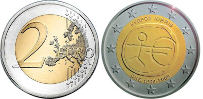 Кипр 2 евро 2009 10 лет монетарной политики ЕС (EMU) и введения евро KM 89 биметалл UNC M44-13