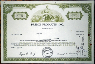 США, PREMIX PRODUCTS, INC. 50 акций 1970 бумага 8802-73-1