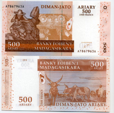 Мадагаскар 500 ариари (2500 франков) 2004, корзинщик, зебу подпись 5 Pick 88 а бумага UNC (пресс) 448-87-3