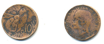 ИТАЛИЯ 10 ЧЕНТЕЗИМО 1922 R, ВИКТОРИО ЭМАНУИЛ III, ПЧЕЛА KM 60 медь 80-1156