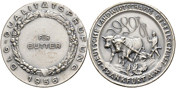 Германия, Франкфурт на Майне медаль 1956 СЕЛЬСКОХОЗЯЙСТВЕННОГО ОБЩЕСТВА Франкфурта, ПРИЗ КОНТРОЛЯ КАЧЕСТВА ЗА СЛИВОЧНОЕ МАСЛО, диаметр 39,5 мм., DLG белый металл 1066-9-11