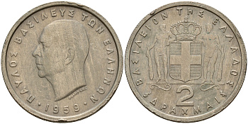 Греция 2 драхмы 1959 Павел I (1947-1964) KM 82 медно-никель    4597-232
