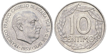 Испания 10 сентимо 1959 Франсиско Франко (1939-1975) KM 790 алюминий UNC 261-566