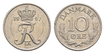 Дания 10 эре 1967 C; S, Фредерик IX (1947-1972) KM 849 медно-никель 4651-456