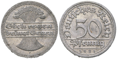 Германия 50 пфеннигов 1921 F KM 27, J. 301 алюминий 113-643