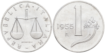 Италия 1 лира 1955 R, весы KM 91 алюминий  UNC  4594-656