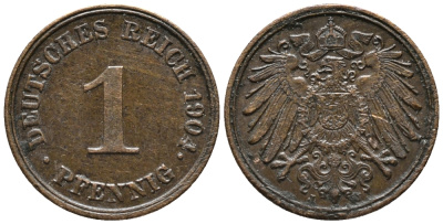 ГЕРМАНИЯ 1 ПФЕННИГ 1904 J KM 10, J. 10 медь 100-1251