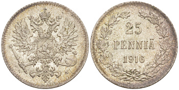Россия для Финляндии 25 пенни 1916 S, Николай II (1894-1917) KM 6.2, Биткин 421 серебро 63-355