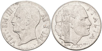 ИТАЛИЯ 20 ЧЕНТЕЗИМО 1941 R, ГОД XIX, ВИКТОР ЭММАНУИЛ III (1900-1946) KM 75b, VEM3. 1028 нержавеющая сталь 3853-644
