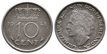 Нидерланды 10 центов 1948 Вильгельмина (1895-1948) KM 177 никель 177-523