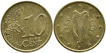 ИРЛАНДИЯ 10 ЕВРОЦЕНТОВ 2002 KM 35 латунь 4390-944