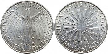 ФРГ 10 МАРОК 1972 D, ОЛИМПИАДА, СПИРАЛЬ KM 134.1, J.401b серебро UNC 1520-1425