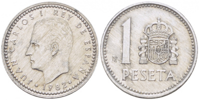 ИСПАНИЯ 1 ПЕСЕТА 1982 ХУАН КАРЛОС I (1975-) KM 821 алюминий UNC 77-615