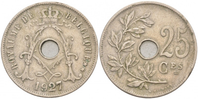 БЕЛЬГИЯ 25 САНТИМОВ 1927 BELGIQUE KM 68.1 медно-никель 68-321
