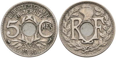 Франция 5 сантимов 1930 KM 875 медно-никель 4596-611