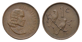 ЮАР 1 цент 1967 Ян ван Рибек (1619-1677), Suid Africa, легенда на африкаанс, капские воробьи KM 65.2 бронза 4690-1166
