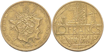 Франция 10 франков 1977 тип Матье KM 940, Le Franc 365.9-10 никель латунь 111-1013