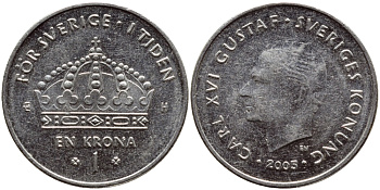 Швеция 1 крона 2005 Карл XVI Густав (1973- ) KM 894 медно-никель 177-1053