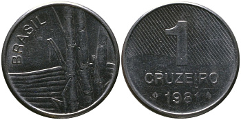 Бразилия 1 крузейро 1981 KM 590, Schon 99 нержавеющая сталь aUNC 4567-1014