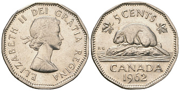 Канада 5 центов 1962 Елизавета II (1952-2022), бобер KM 50a никель 4364-3125