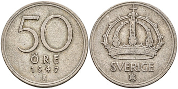 Швеция 50 эре 1947 TS, Густав V (1907-1950) KM 817 серебро 4148-855