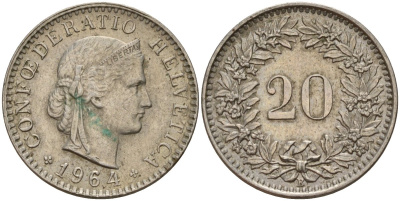 Швейцария 20 раппенов 1964 B KM 29a медно-никель 4187-553