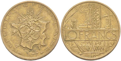 Франция 10 франков 1977 тип Матье KM 940, Le Franc 365.9-10 никель латунь 111-1013
