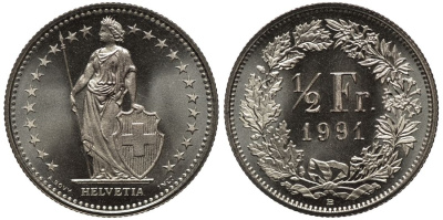 Швейцария 1/2 франка 1991 из банковского ролика KM 23a.3 медно-никель UNC M04-11
