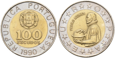 Португалия 100 эскудо 1990 Педру Нуниш (1502-1578), математик KM 645.1 биметалл  UNC  4161-856