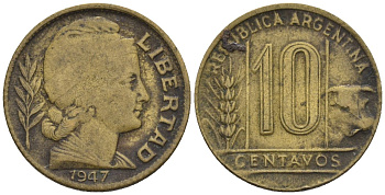 Аргентина 10 сентаво 1947 голова свободы вправо KM 41, CJ 210, Schon 44 алюминиевая бронза    4609-1146