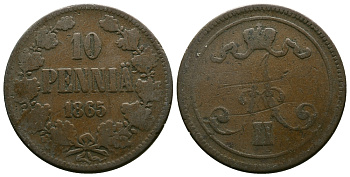 РОССИЯ ДЛЯ ФИНЛЯНДИИ 10 ПЕННИ 1865 АЛЕКСАНДР II Биткин 651 медь 4382-843