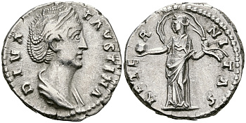 Римская Империя денарий 140 - 141 Фаустина Старшая, жена Антонина Пия (посмертная чеканка) AETERNITAS Рим Good Very fine RIC 351 серебро 1073-4-53