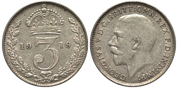 Великобритания 3 пенса 1919 Георг V (1910-1936) KM 813, Spink 4015 серебро 4528-511